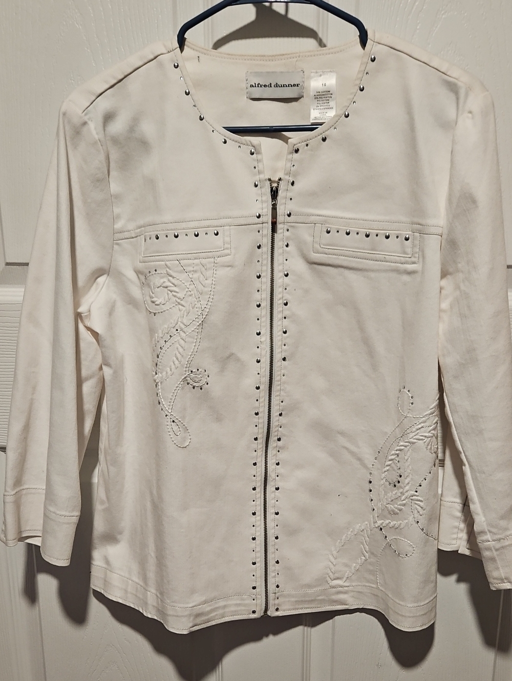 Alfred Dunner Cream Embroidered Zip-Front Jacket with Stud Accents